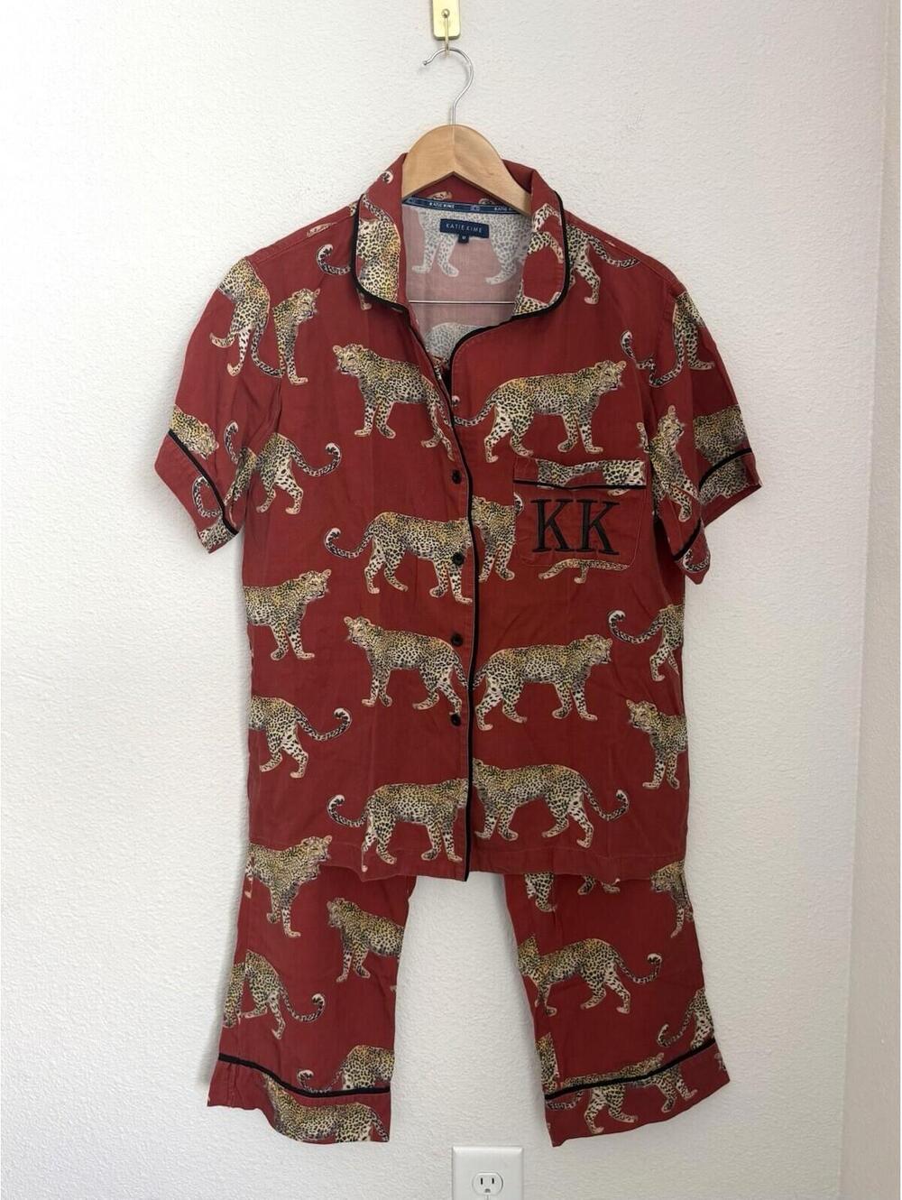 Katie Kime 2 Pc Pajama Set Sz Medium Short Sleeve Top & Pants Deep Red Cheetah